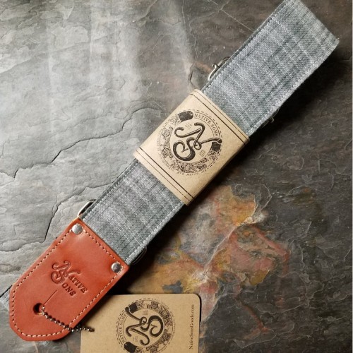 Native Sons Goods The Center Stage Gray Guitar Strap Black Nylon with Cognac Leather